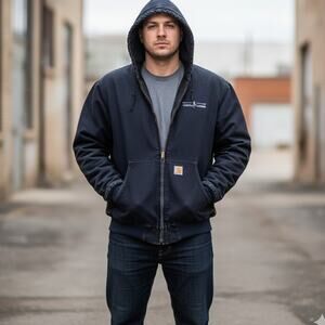 Vintage Carhartt J130 MDT Hooded Jacket Navy Blue Quilted Contract Lumber Sz -XL